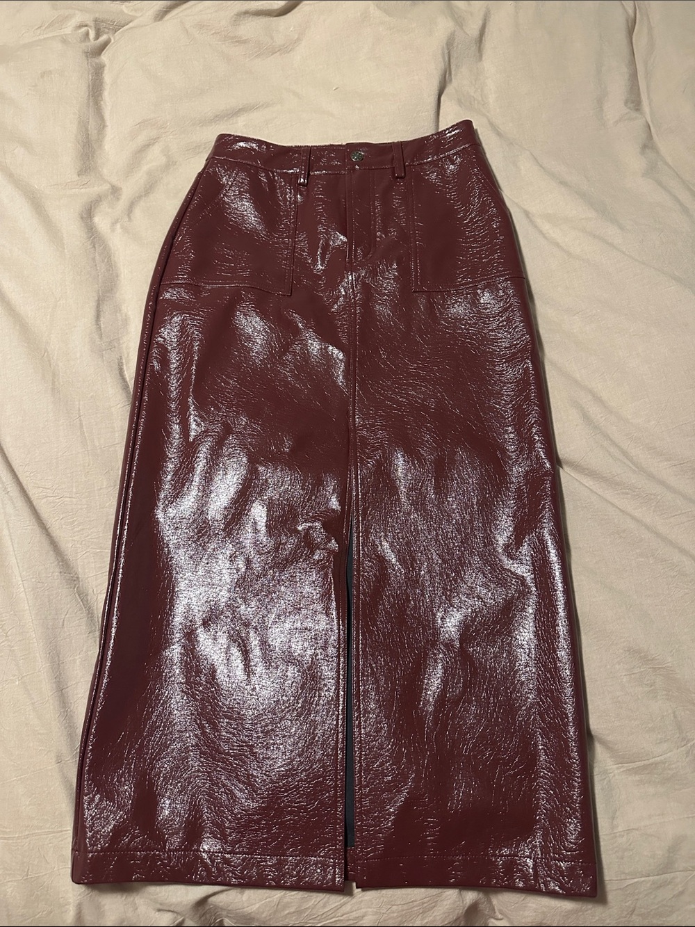 bohme Glossy Wine-Red Maxi Skirt with Front Slit